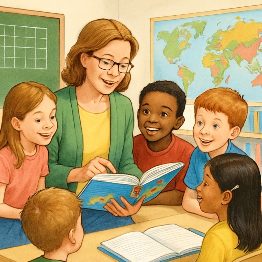 A vibrant classroom scene showing children engaging with a teacher, reading from a colorful textbook. Students learning language skills with the