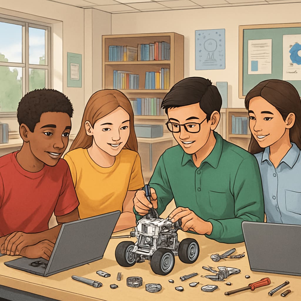 A classroom of high school students working collaboratively on a robotics project, showcasing teamwork and innovation. High school students working on a robotics project as part of engineering design education.