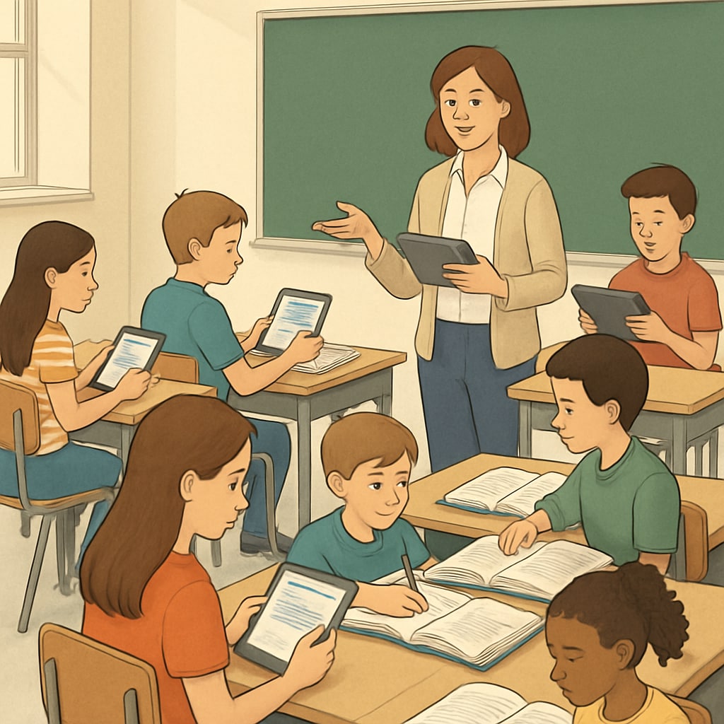 A modern classroom with students using tablets alongside traditional textbooks, highlighting a blend of old and new teaching methods. A classroom bridging traditional and modern language teaching methods.