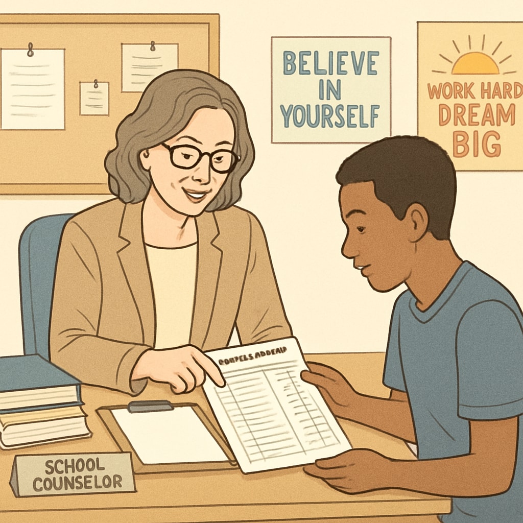A school counselor reviewing a transcript with a student to plan credit recovery. High school student planning credit recovery with a counselor.