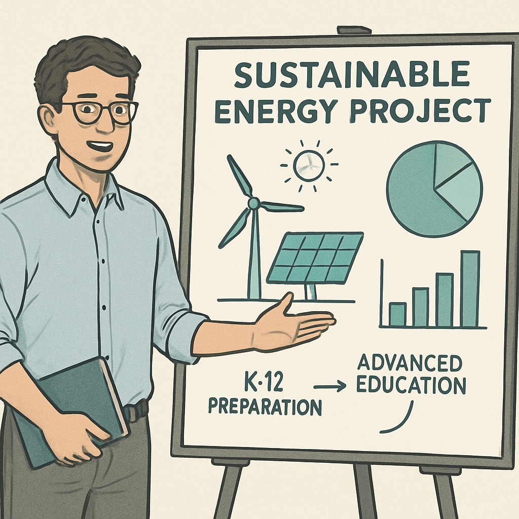 A college student presenting a sustainable energy project during a seminar, highlighting the link between K12 preparation and advanced education. A college student presenting a sustainable energy project, reflecting K12 engineering preparation.