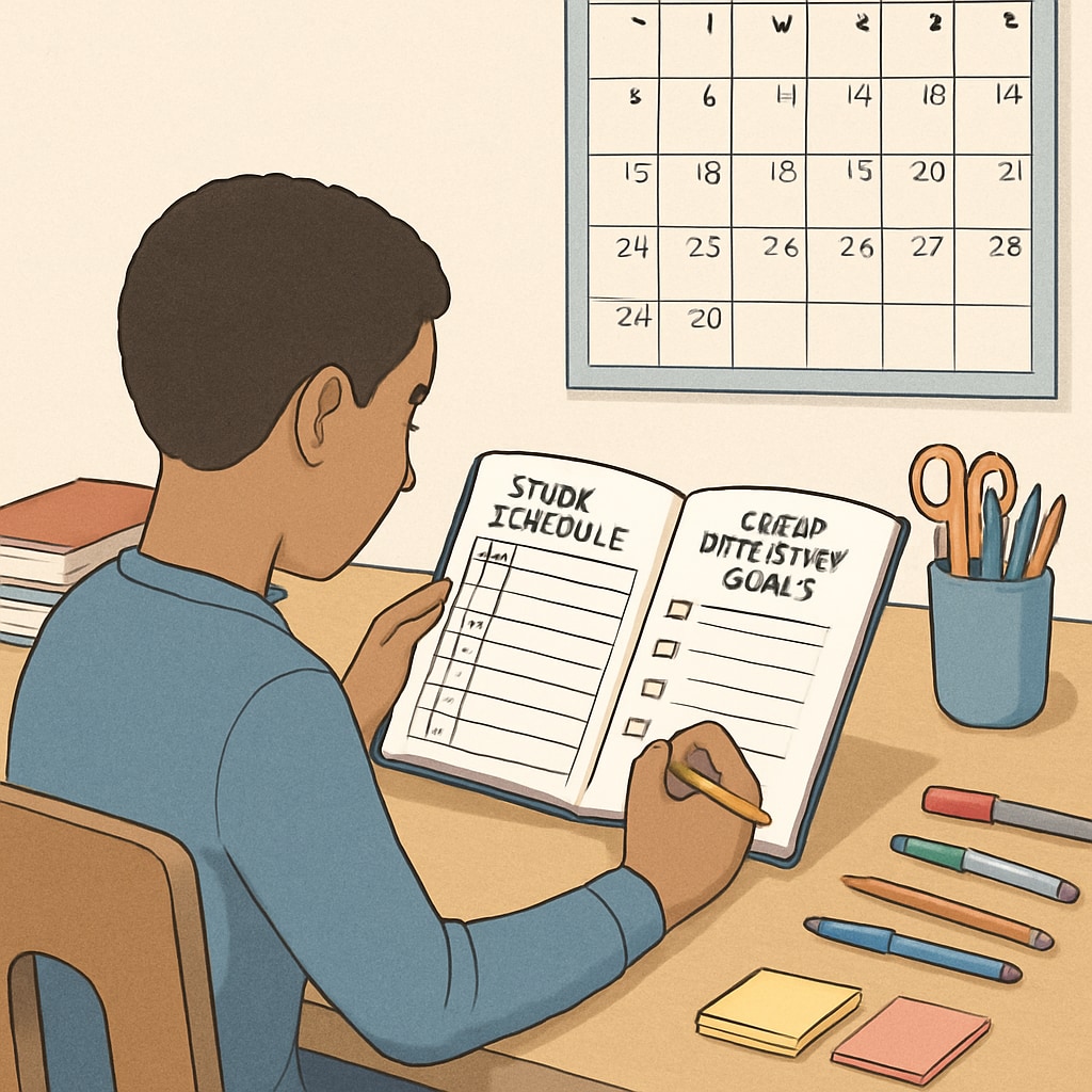 A student using a planner to organize study schedules and credit recovery goals. Student organizing a study schedule for high school credit recovery.