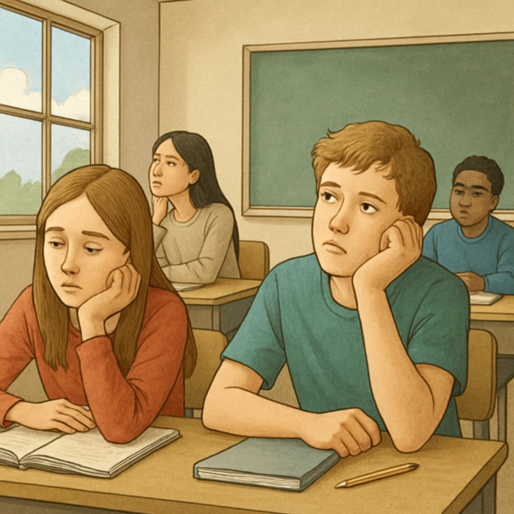 A classroom setting with disengaged students, some looking out the window or staring at their desks, illustrating boredom. Students in a classroom showing signs of boredom, aligning with the article's theme of educational challenges.
