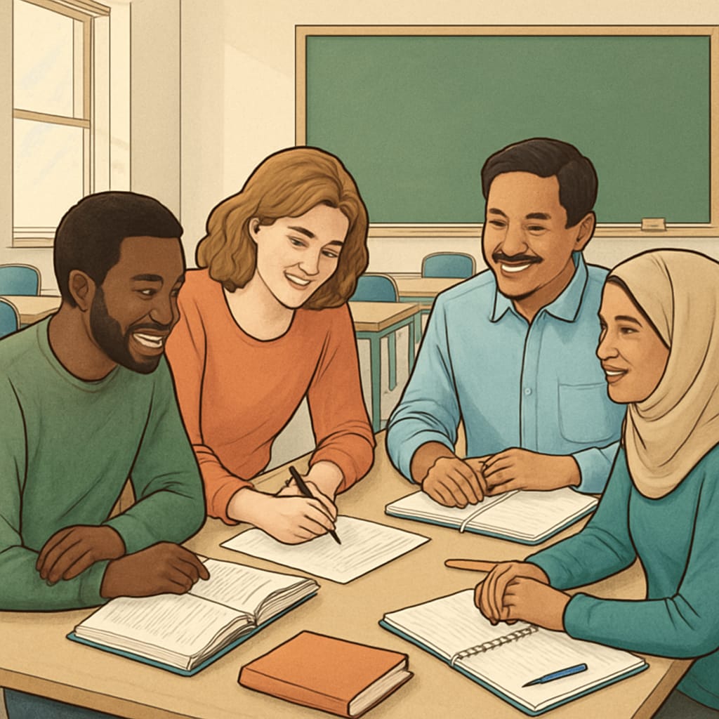 A classroom setting with adult learners from diverse cultural backgrounds engaged in a collaborative activity. Classroom with diverse adult learners, non-degree education, cultural adaptation.