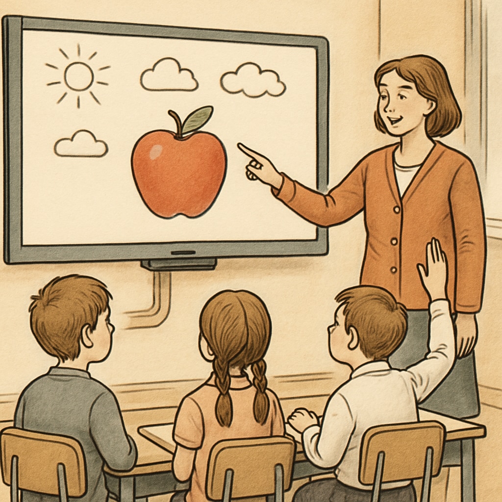 A teacher engaging students with an interactive whiteboard, demonstrating the use of technology in the classroom. A teacher using technology to create an engaging classroom experience, addressing boredom.