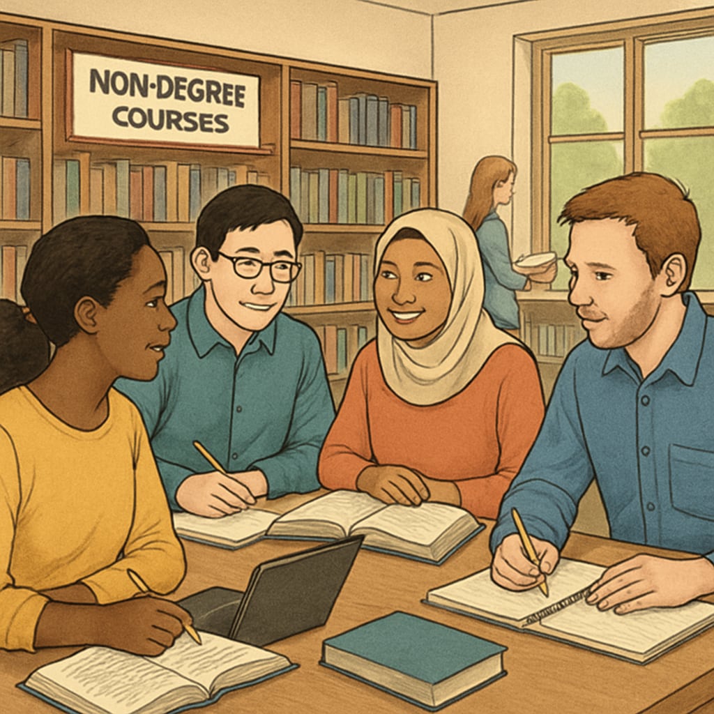 Students studying together in a community library, emphasizing non-degree courses and cultural integration. Students in a library, non-degree education, academic basics, cultural integration.