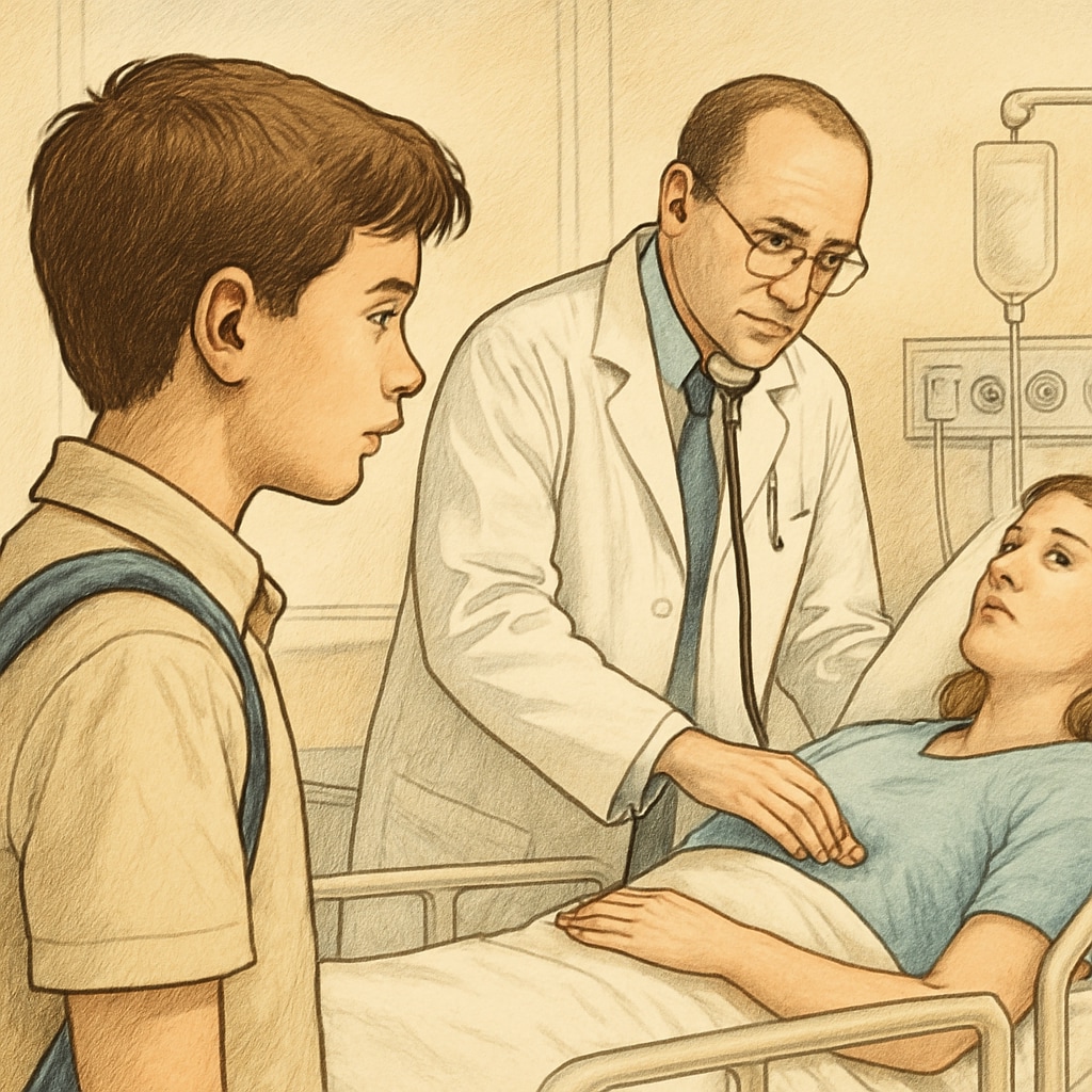 A young student shadowing a doctor in a hospital setting, observing patient care. A student observing patient care during a hospital shadowing program.