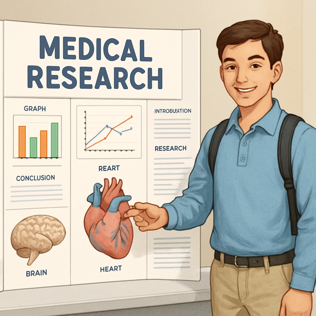 A high school student presenting a science fair project about medical research. High school student presenting a medical research project at a science fair.