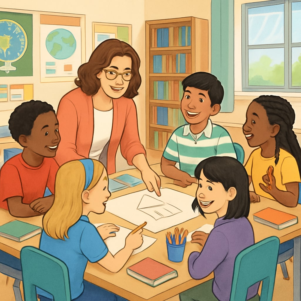 An engaged classroom with students participating in a collaborative project, symbolizing inclusive and diverse learning assessments. Classroom of students collaborating on a project, representing diverse assessment methods.