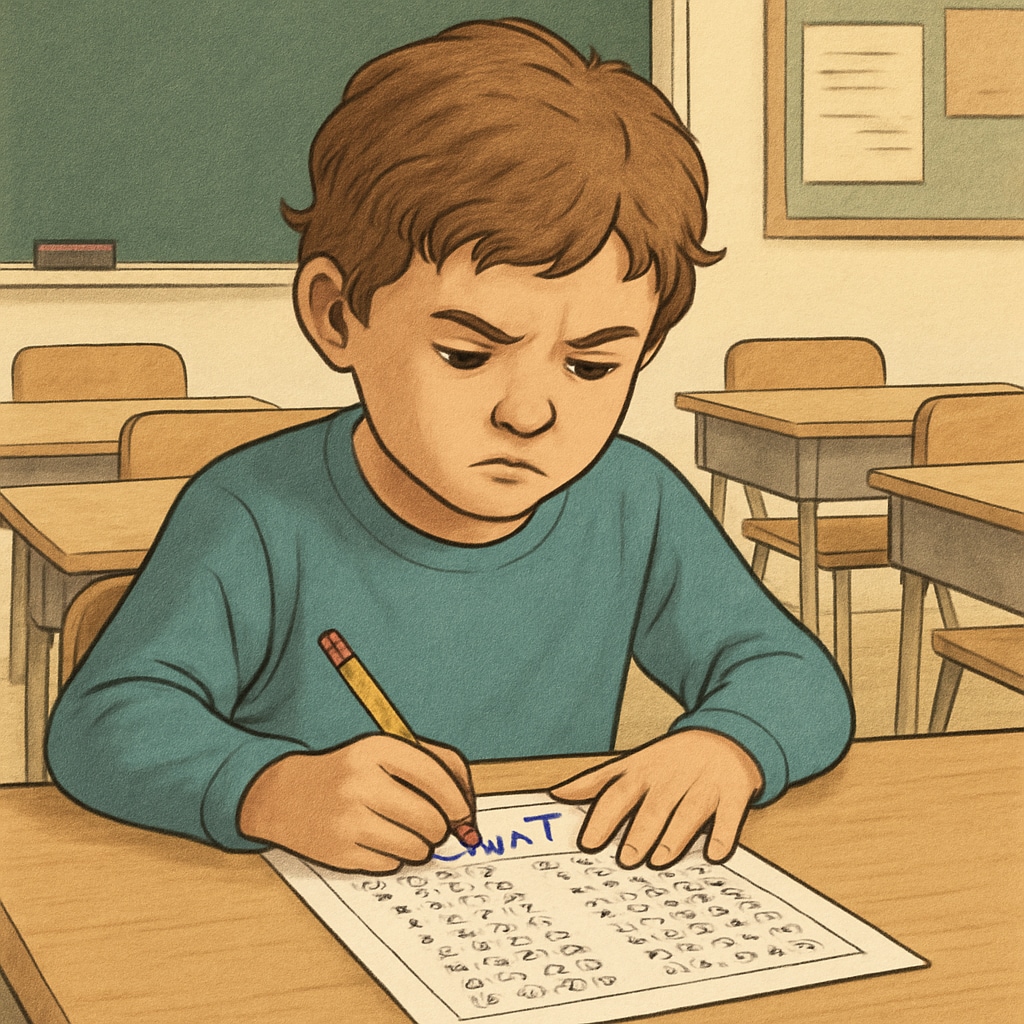 A child taking a CogAT test in a classroom setting, showing concentration on their answer sheet and engagement with the process. Child taking CogAT test in a classroom, evaluating cognitive reasoning.