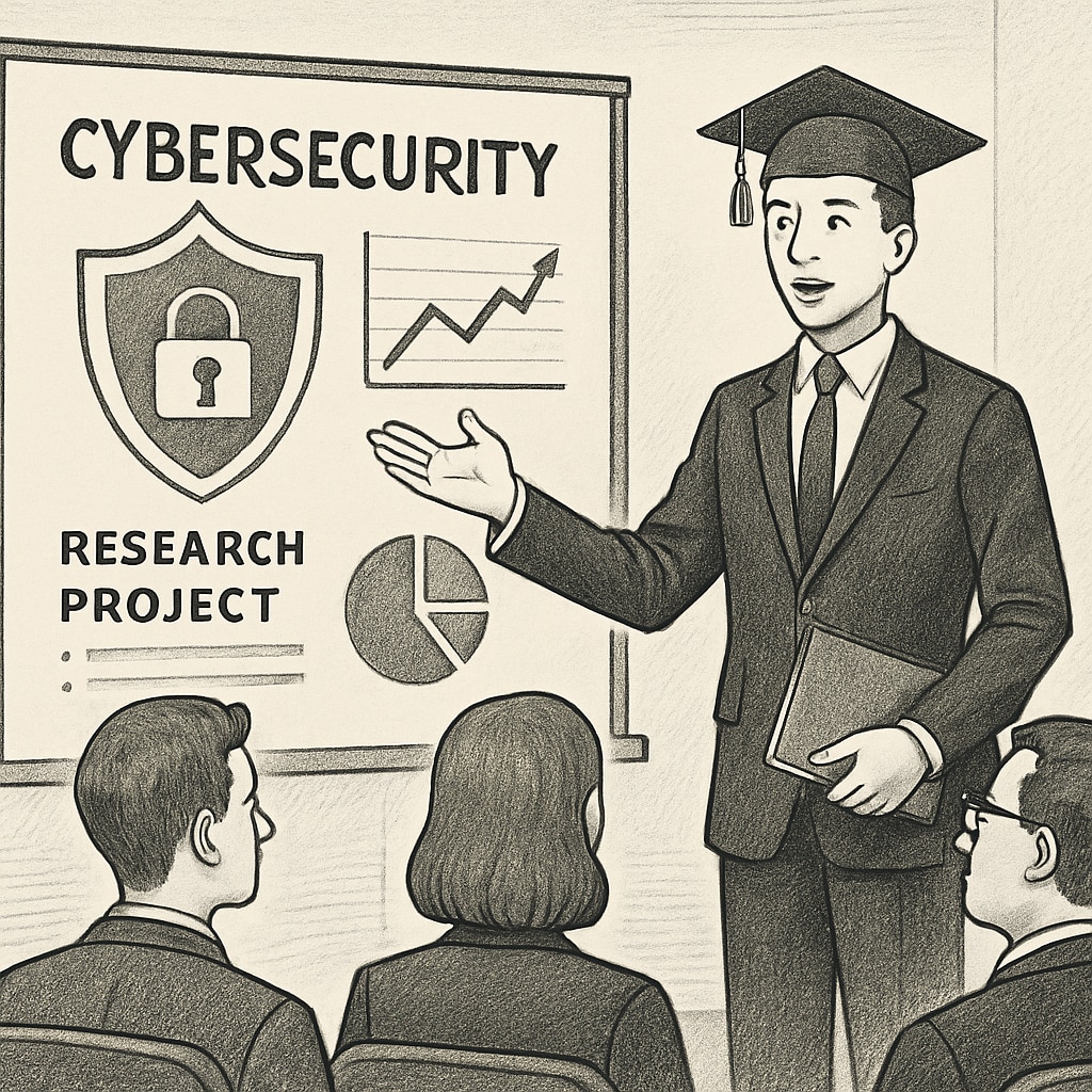 University graduate demonstrating cybersecurity expertise at a professional event.