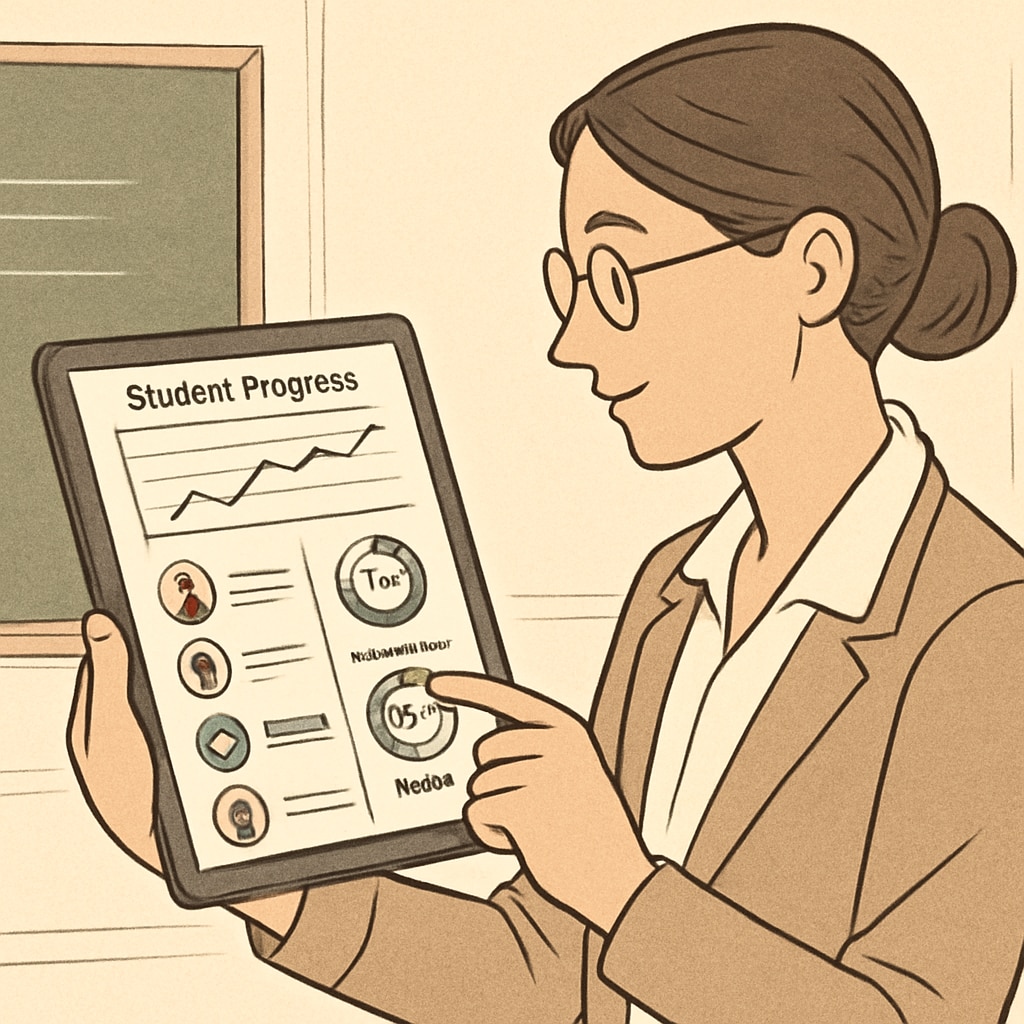 A teacher analyzing data on a tablet, showing real-time tracking of student progress and engagement metrics. Teacher reviewing real-time data to track student learning and engagement.