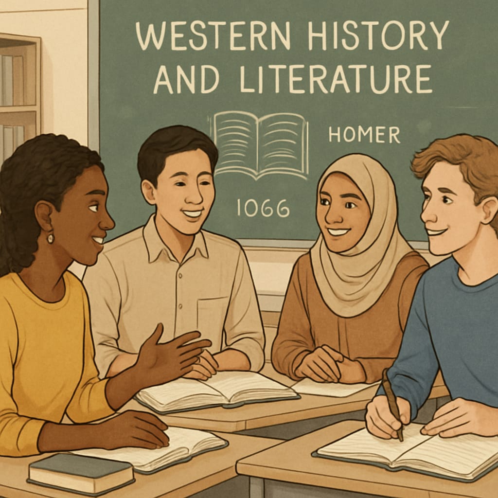 A diverse group of international students in a classroom setting, engaging in discussions about Western history and literature. International students discussing Western history and literature in an adult education program.