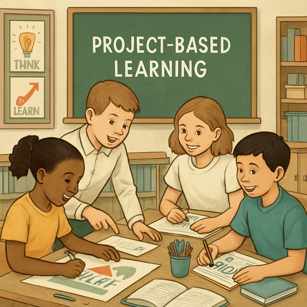 A classroom setting where students are engaging in project-based collaborative learning, showcasing teamwork and creativity. Students collaborating on a project in a classroom setting as part of a dynamic learning assessment system.