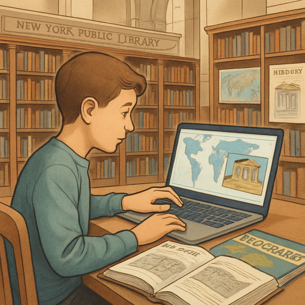 A student studying history and geography using digital resources at the New York Public Library. A student using digital resources to study history and geography at the New York Public Library.