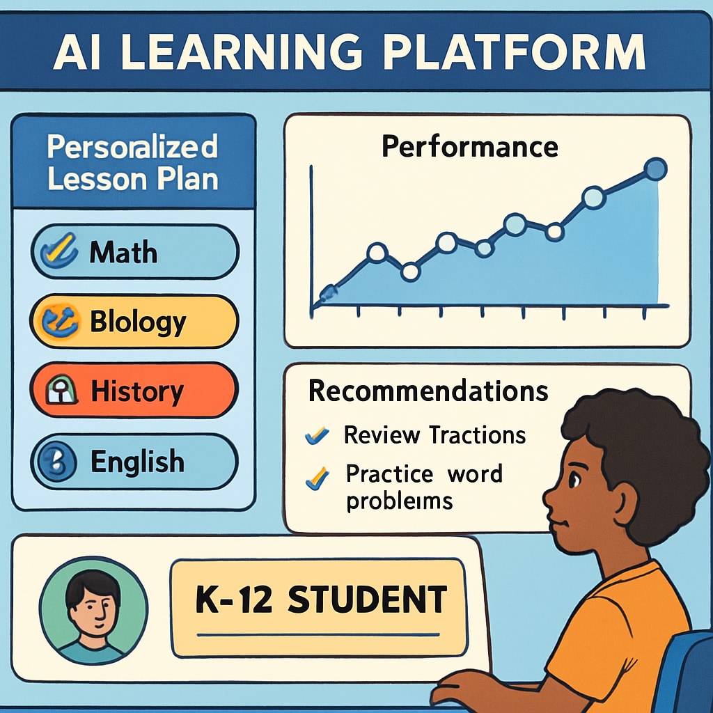 An AI-driven learning platform displaying personalized lesson plans for K-12 students. The interface features charts and recommendations tailored to individual performance data. AI-driven learning platform for K-12 education