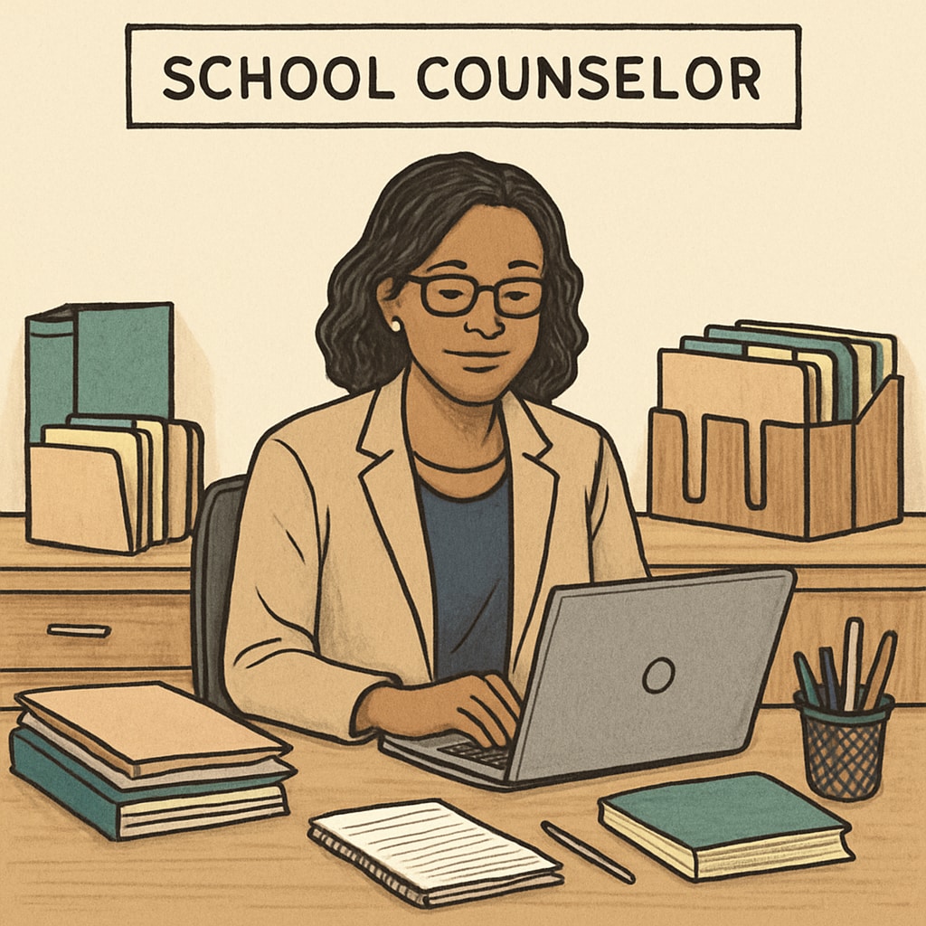 school counselor working at a desk with files and laptop