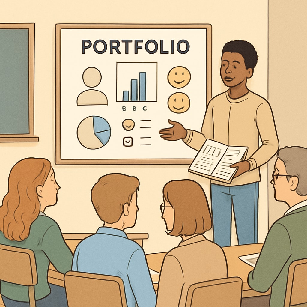 A student presenting their portfolio to a group of peers and teachers during a reflective session, illustrating holistic evaluation methods. A student presenting their portfolio to peers and teachers during a reflective learning session.