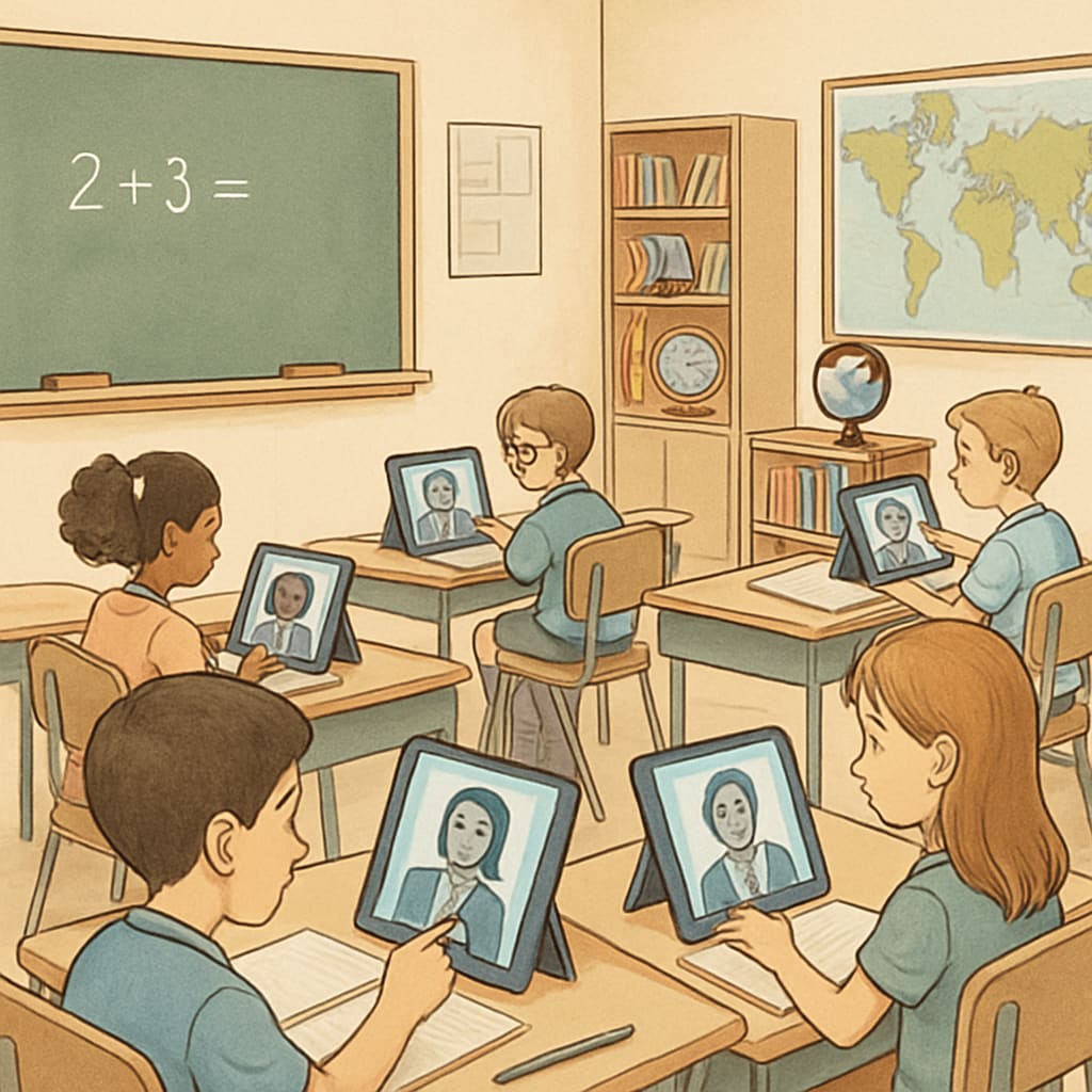 A classroom with students using AI-powered tablets and virtual tutors. Students are engaged in interactive lessons while the teacher supervises. AI-powered classroom with interactive learning devices