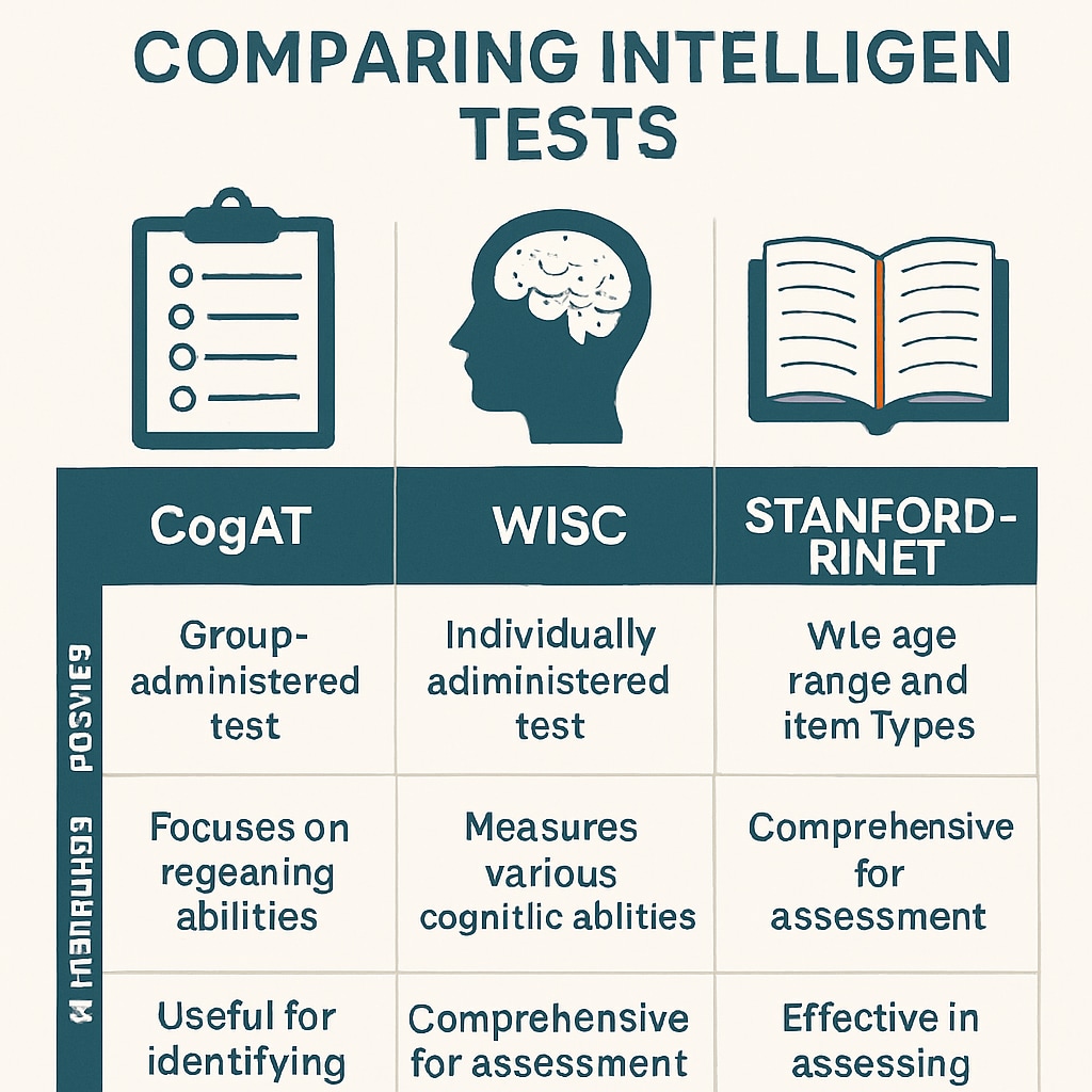 A professionally designed chart comparing CogAT, WISC, and Stanford-Binet intelligence tests, showcasing their key features and suitability for assessing gifted children. Chart comparing CogAT, WISC, and Stanford-Binet intelligence tests for gifted children evaluation.