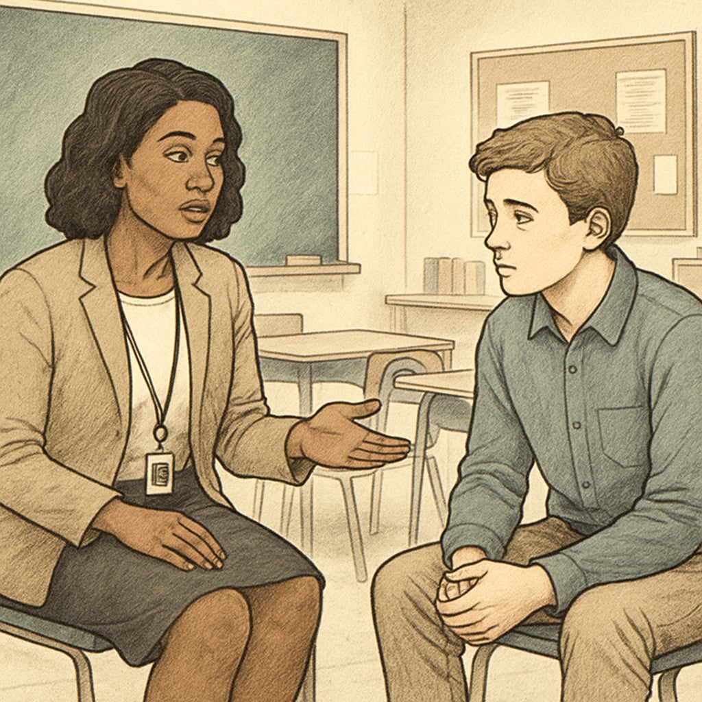 A professional school counselor speaking with a student in a classroom setting. A school counselor and student having a discussion, relevant to school counselors and research.