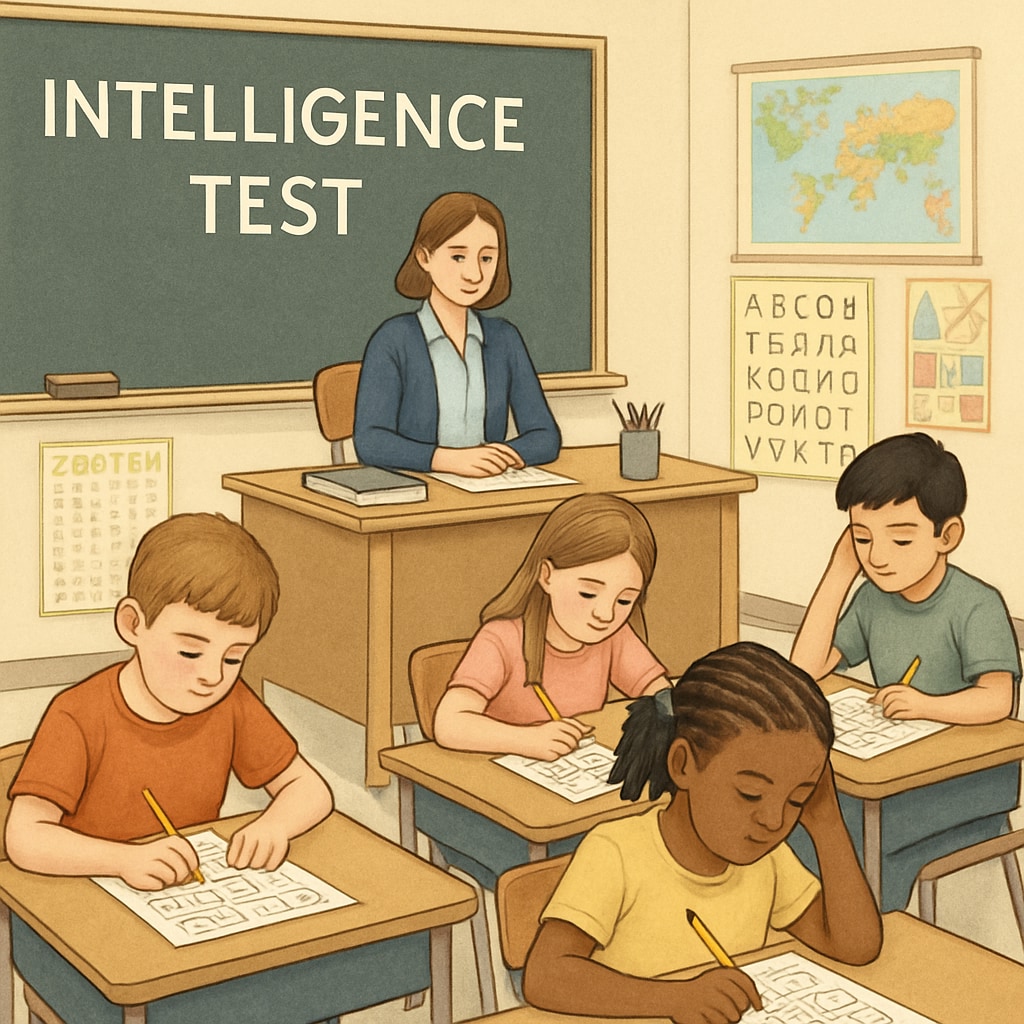 A classroom setting where children are engaging in a standardized intelligence test, emphasizing focus and cognitive evaluation. Children taking a standardized intelligence test in a classroom setting.
