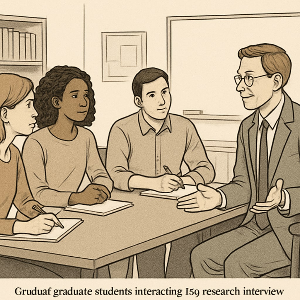 A group of graduate students engaging with a school counselor during a research interview. Graduate students interviewing a school counselor for an academic project.