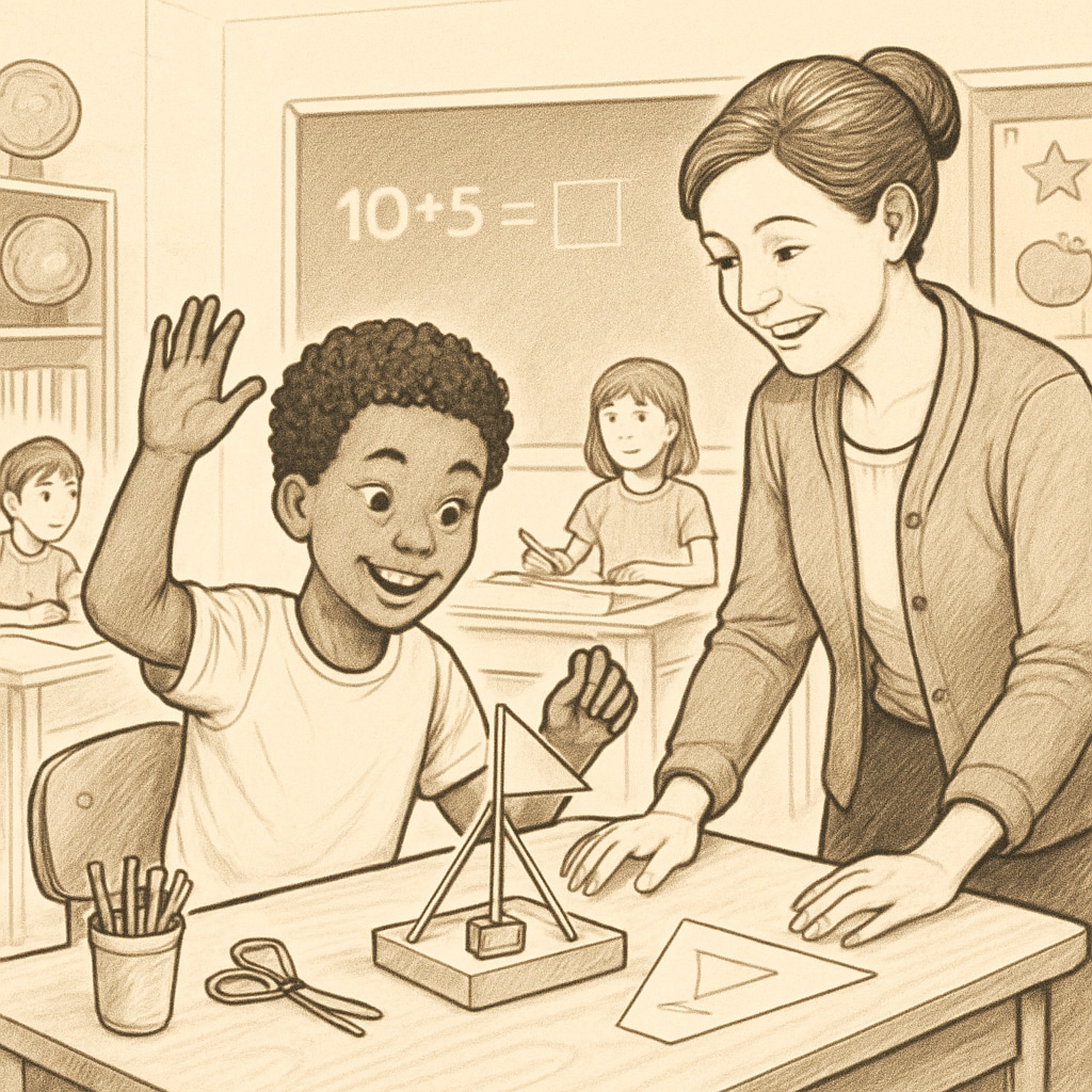 ADHD student in a classroom engaged in a hands-on activity, highlighting strengths beyond testing.