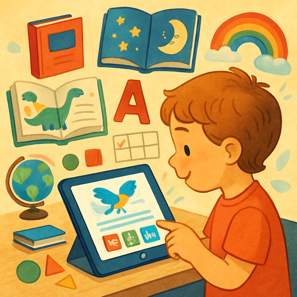 Child using a children’s reading app on a tablet.