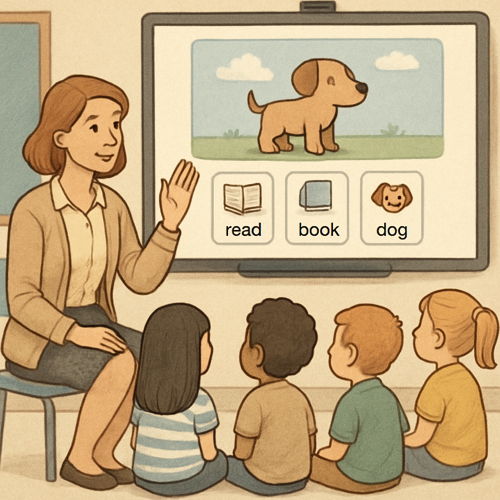 Teacher and children interacting with a digital reading app.