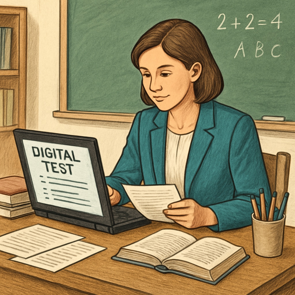 A teacher reviewing digital test resources on a laptop in a classroom setting. A teacher reviewing test resources for students and teaching.