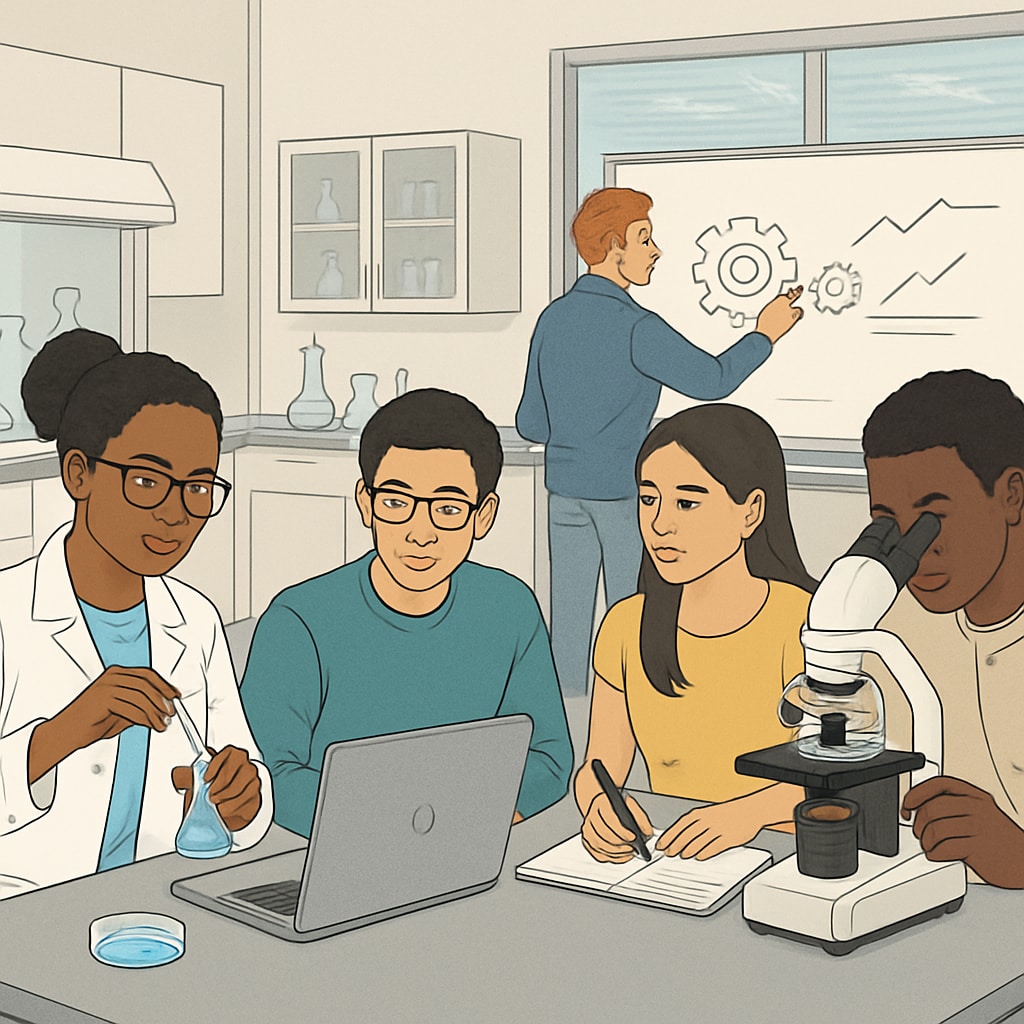 Diverse students in a US university exploring STEM research facilities.
