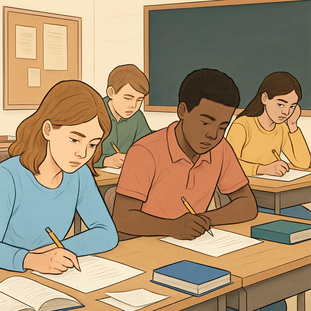 A group of students taking a test in a classroom environment. Students working on classroom tests designed for effective assessments.