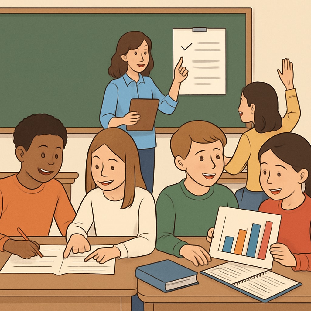 A classroom setting with students engaged in collaborative learning, showcasing alternative assessment methods. Students collaborating in class as part of an alternative assessment approach.