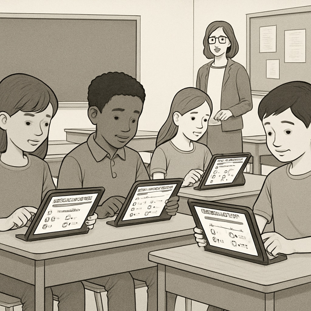 Students using adaptive testing platforms in a K12 classroom