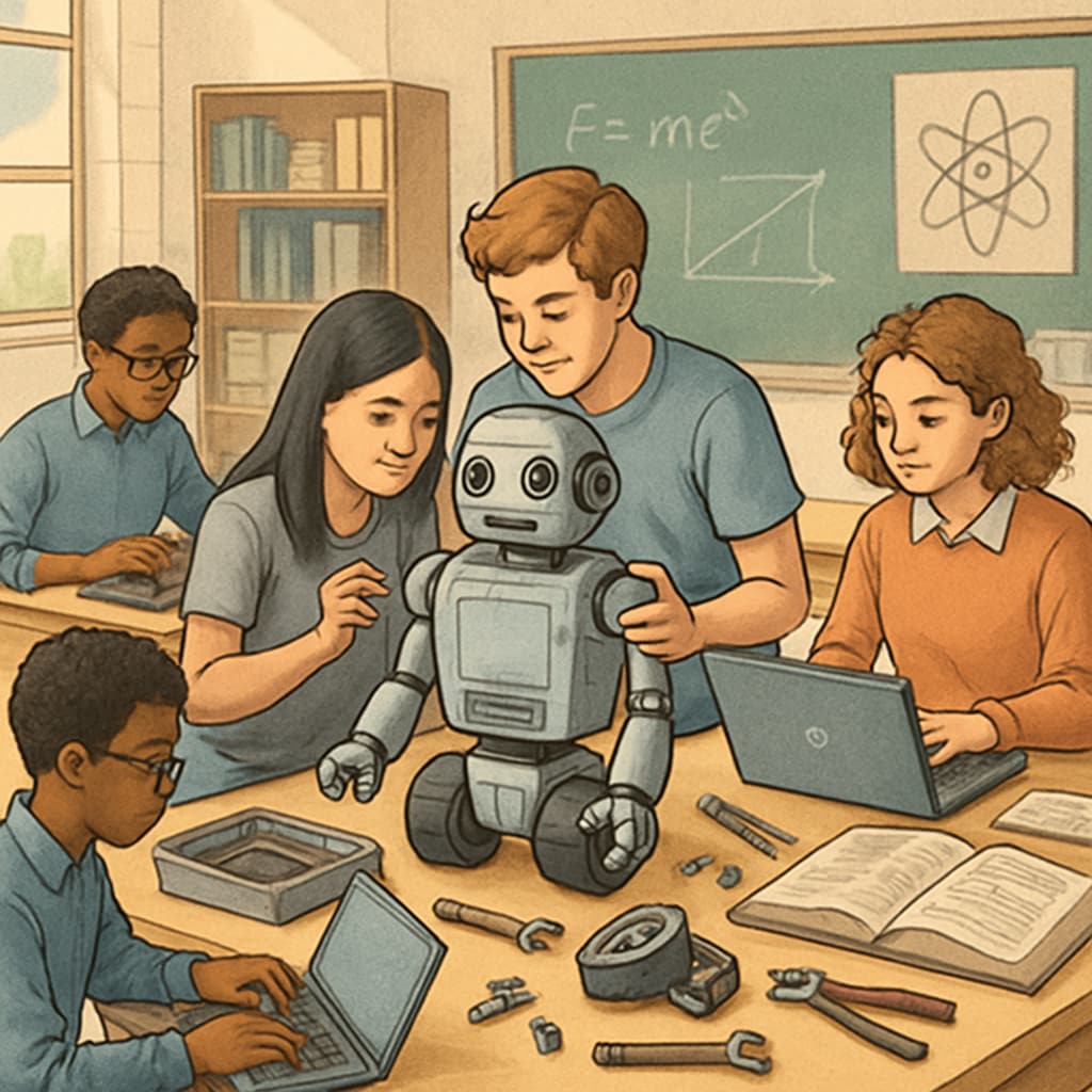 A high school classroom where students are working on a robotics project, integrating technical skills with traditional academic concepts. Students in a robotics class applying traditional academic concepts through hands-on learning in Career Technical Education.