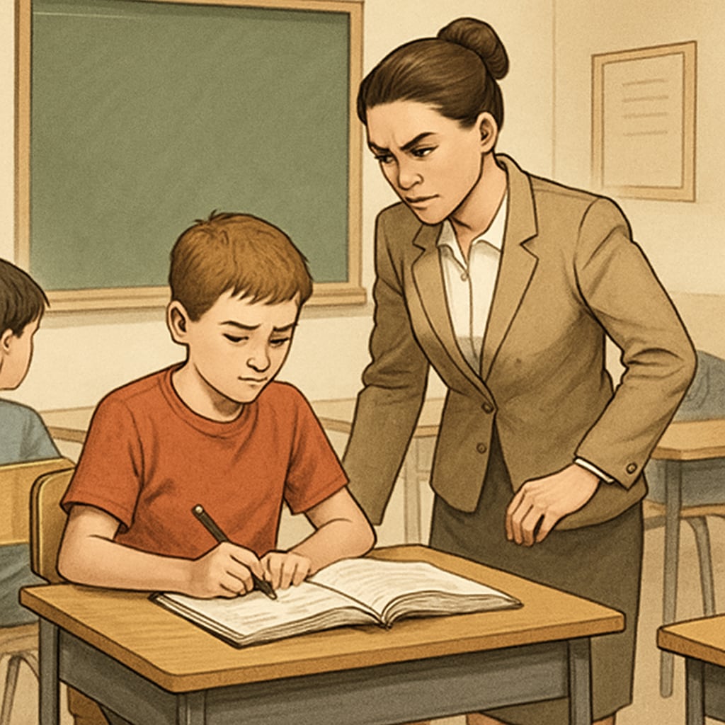 A teacher guiding a student in a classroom, demonstrating educational balance.