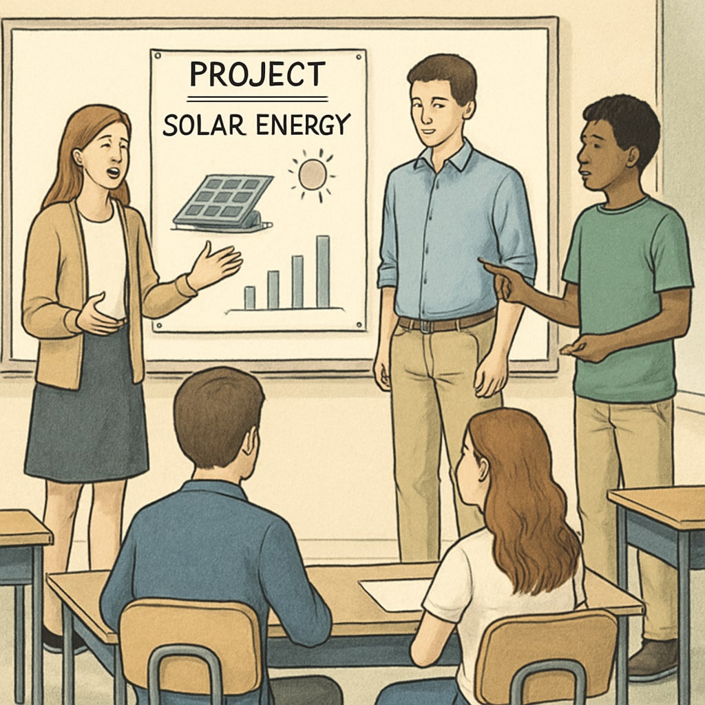 Students presenting a project to their peers, illustrating the application of project-based learning. Students showcasing a project as an example of project-based learning in assessments.