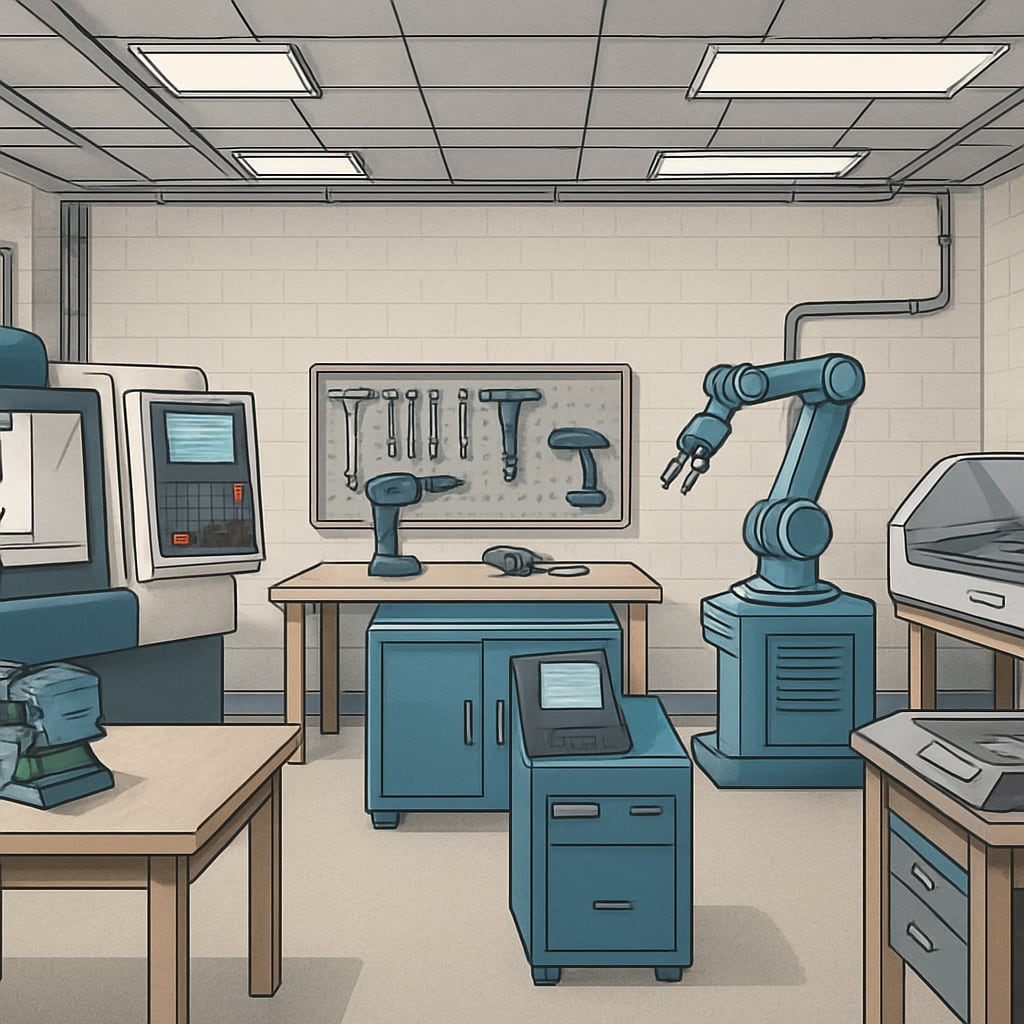 A modern technical school laboratory with advanced machinery, emphasizing hands-on learning opportunities in CTE. Technical school laboratory equipped for Career Technical Education, showing students engaged in practical tasks.