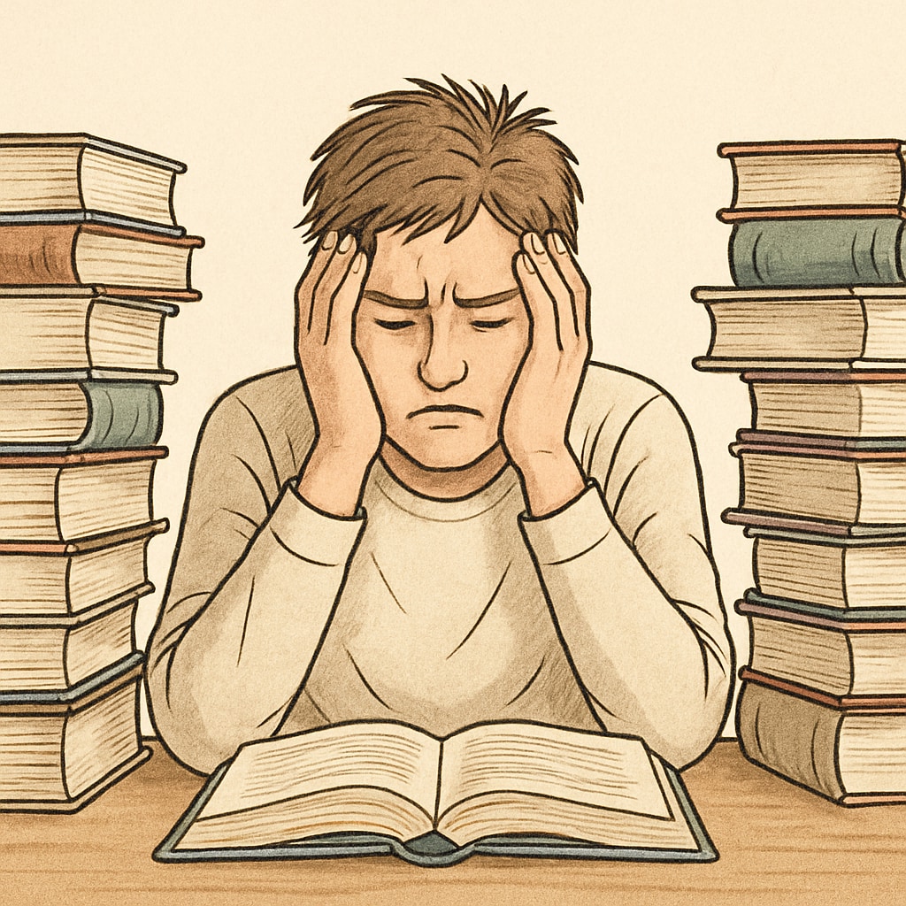 A stressed student surrounded by books, illustrating the risks of pressure in education.