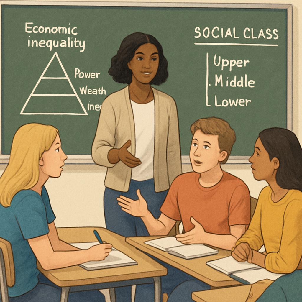 Students in a classroom discussing socioeconomic topics related to class systems and social mobility.