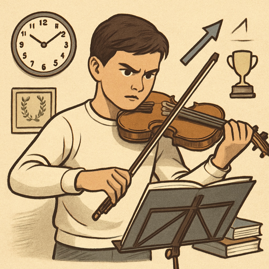 Extreme education methods symbolized by a student under pressure in a music practice session.