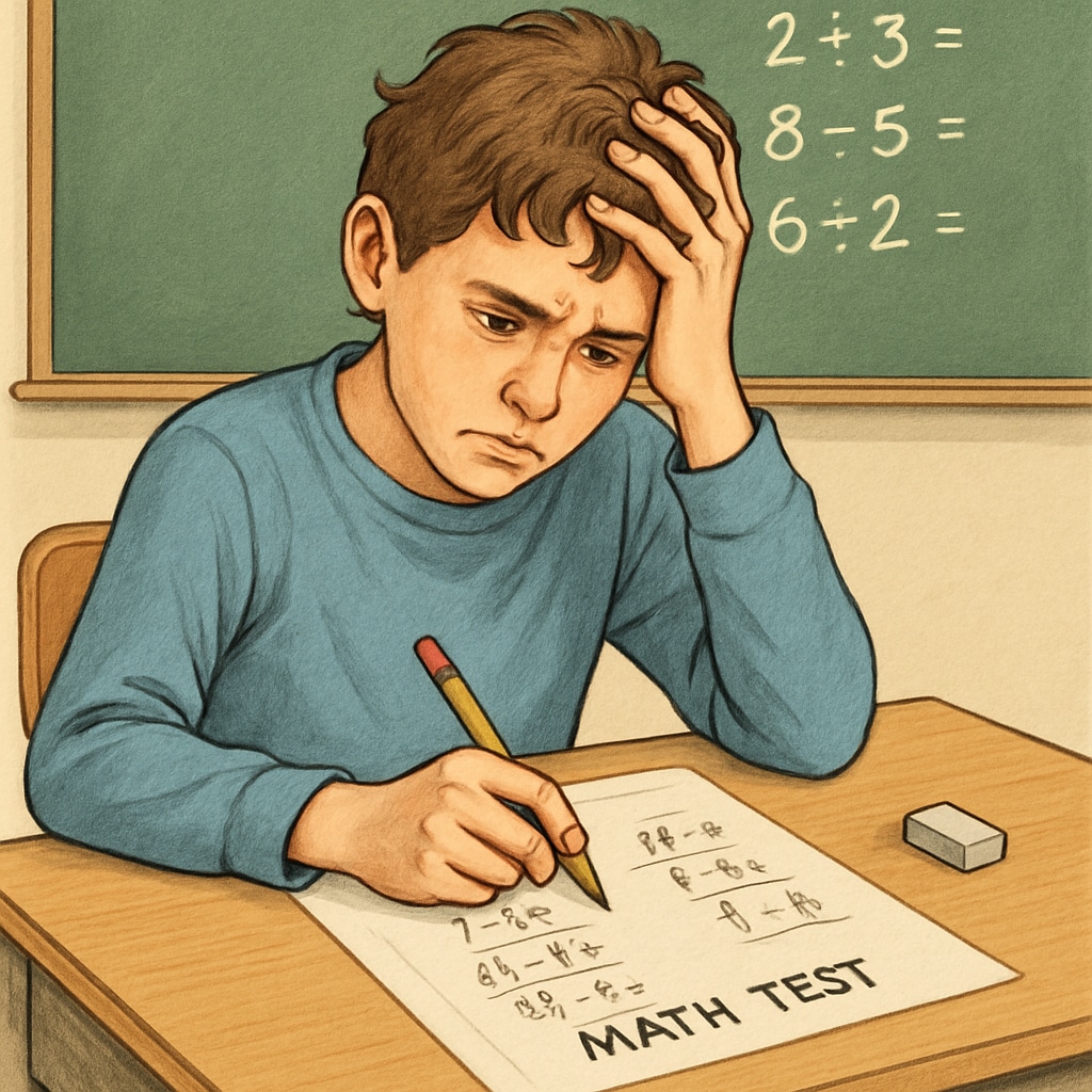 A stressed student during a math exam, representing math exam anxiety.