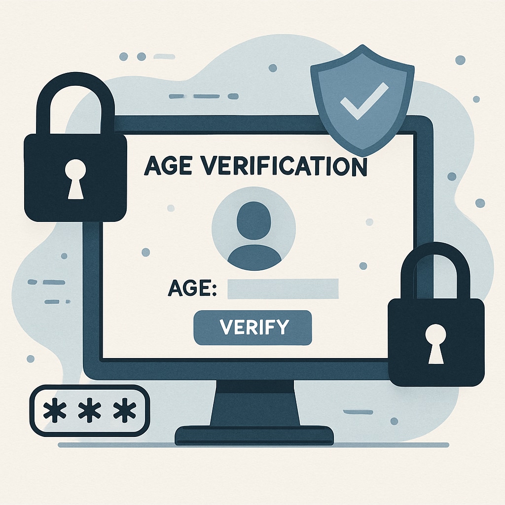 A conceptual illustration showing age verification processes on a computer screen, highlighting security concerns and privacy. Age verification process on a computer screen emphasizing privacy concerns.