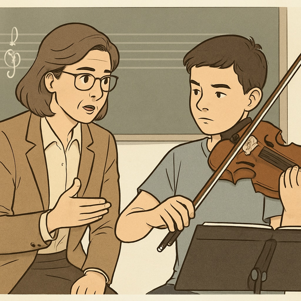 Balanced education approach depicted through a teacher providing supportive feedback to a music student.