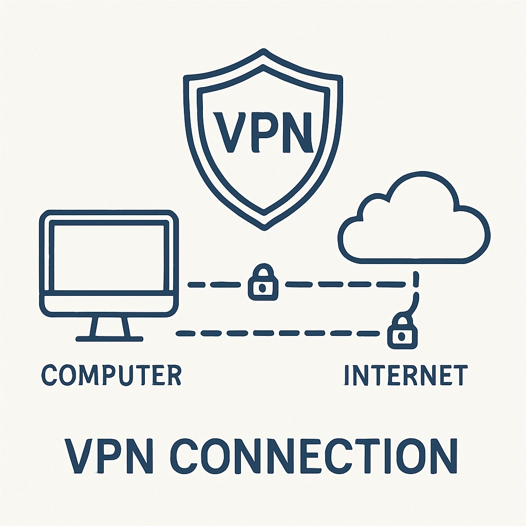 A visual representation of a VPN connection showing encrypted data flow and a shield icon for privacy protection. VPN connection image illustrating encrypted data and privacy protection.
