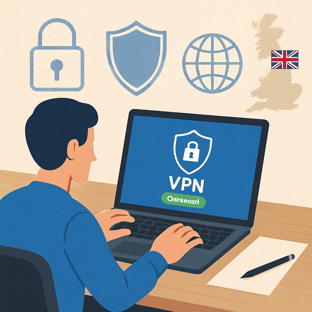 A person using VPN software on a laptop to maintain online privacy, reflecting the rise in VPN adoption due to UK regulations. VPN usage for online privacy due to UK age verification regulations