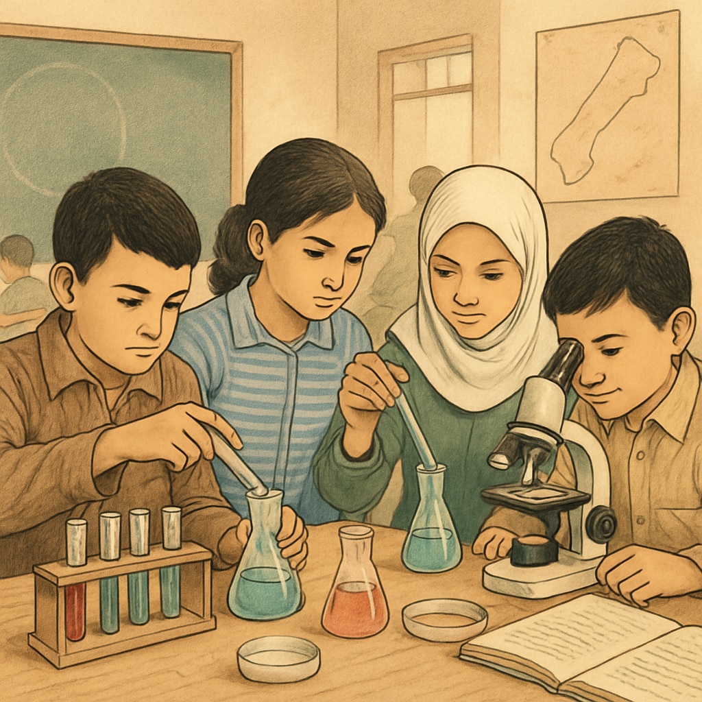 A classroom in Gaza where children are engaged in science experiments, reflecting the importance of education in rebuilding communities. Science education in Gaza schools, promoting innovation and community rebuilding.