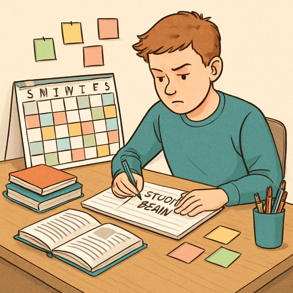 A student with ADHD sitting at a desk, working on a detailed study plan with a colorful calendar and sticky notes. ADHD student creating a study plan to catch up on high school credits.