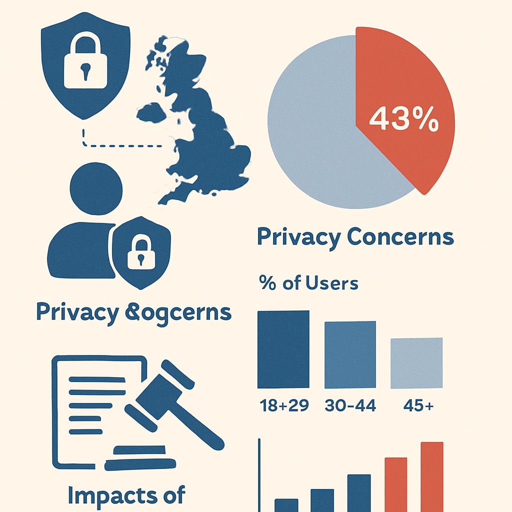 A graphic showing VPN usage statistics in the UK, emphasizing privacy concerns and regulatory impacts. UK VPN usage statistics linked to privacy concerns and regulations